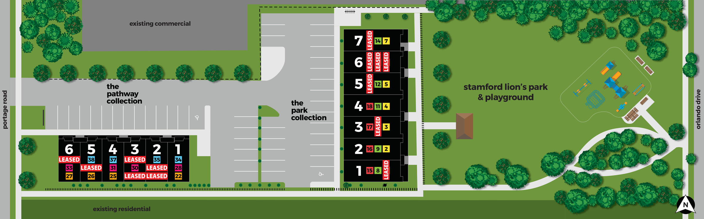 Parkside39 community site plan showing leased and available units